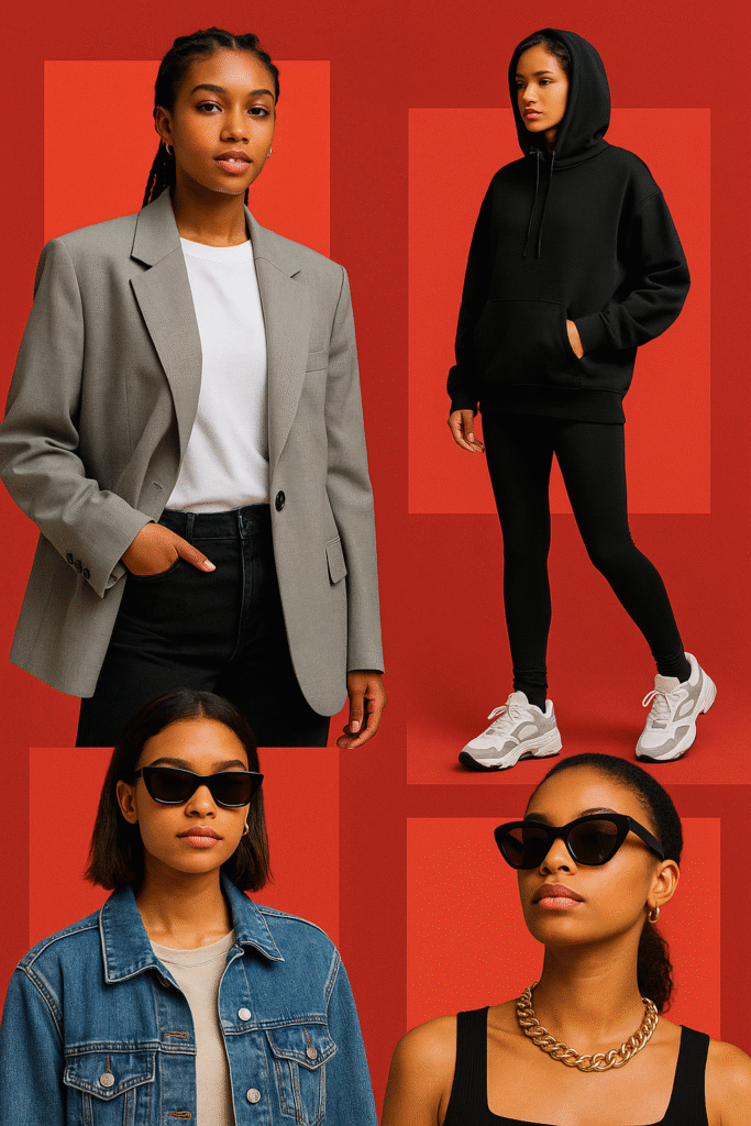 I recommend creating a collage-style image featuring: A stylish student wearing an oversized blazer. A student rocking athleisure (leggings and a hoodie). Chunky sneakers as part of a trendy outfit. A sustainable fashion item, such as a vintage jacket or thrifted accessory. Affordable Fashion Trends for Students